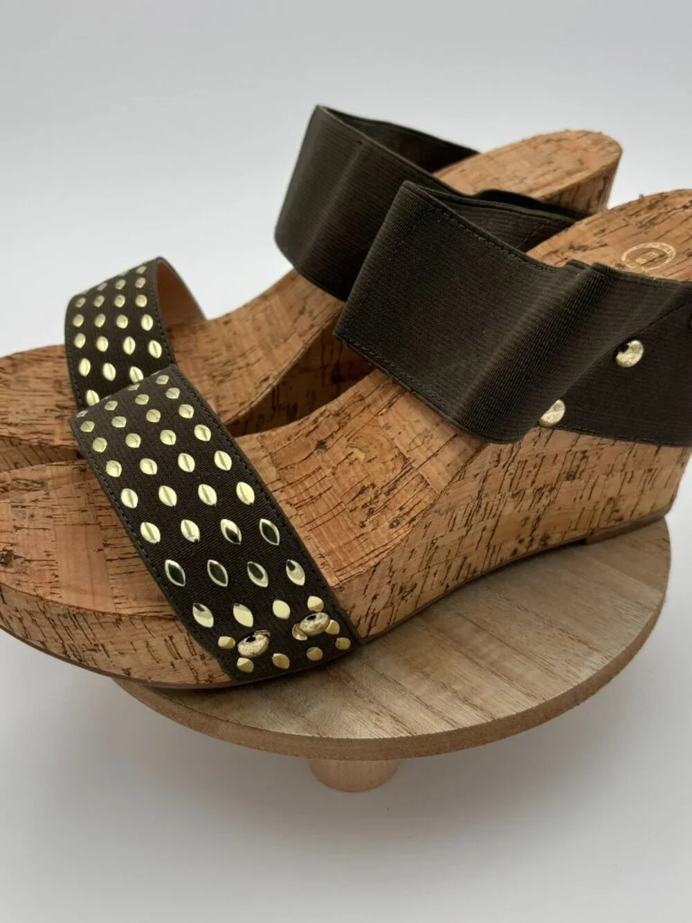 Olive Green Studded Slide Wedge Sandals Cork Platform Open Toe Slip On Shoes 9M